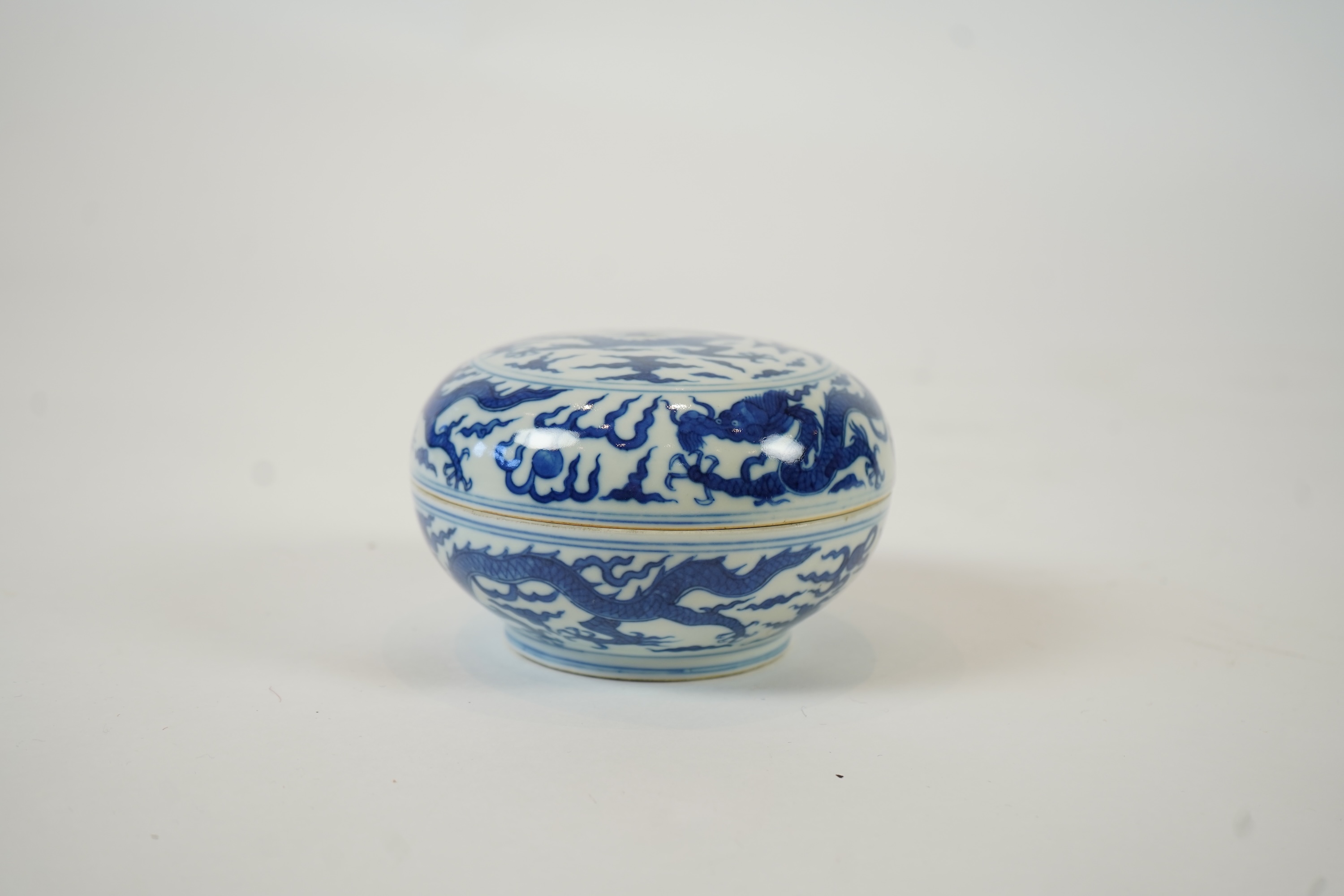 A Chinese blue and white ‘dragon’ box and cover, Jiajing six character mark, 19th century